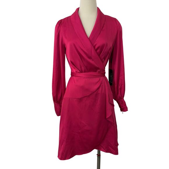 WHBM Satin Wrap Mini Dress Long Sleeve Hot Pink 4 - Picture 1 of 12